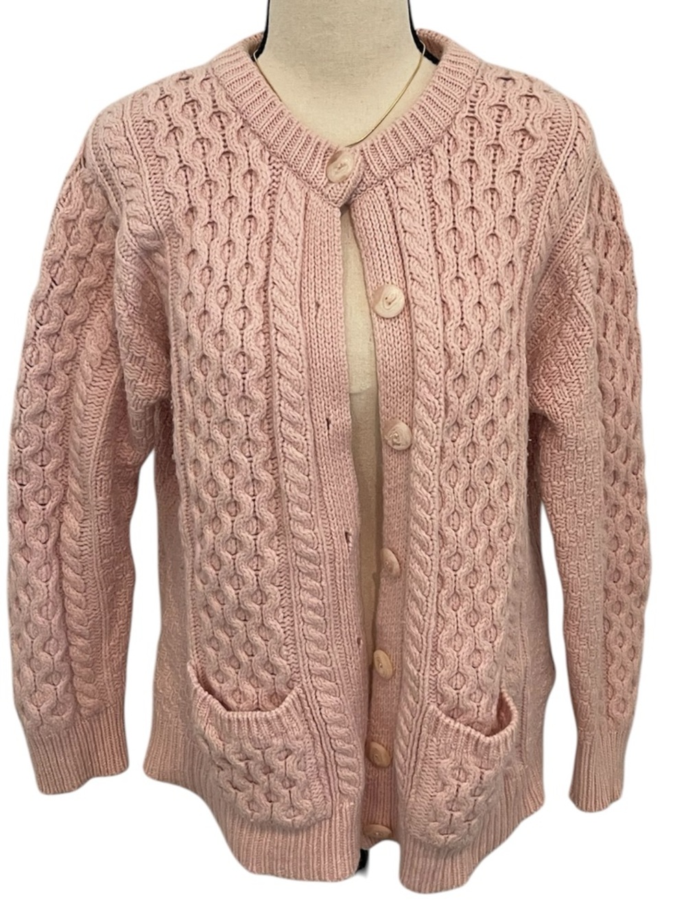 Aran Crafts | soft merino wool button front cable knit cardigan Soft Pink Sz M